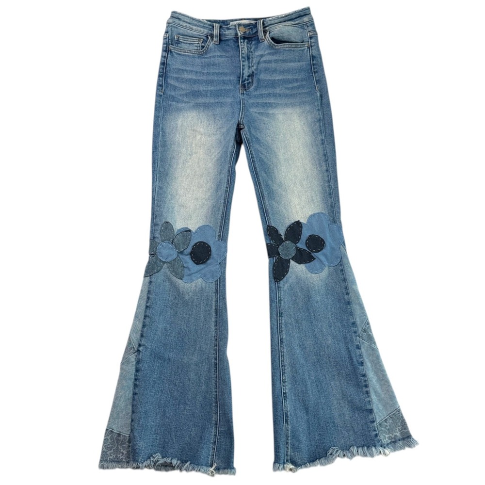 Bridge by Gly Super Flare Floral‎ Patchwork Jeans Sz 28 Boho Festival Indie